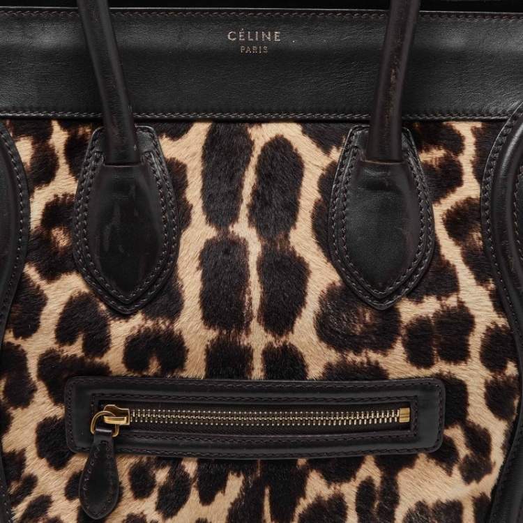 Pre Owned Celine Brown Leopard Print Calfhair and Leather Mini Luggage Tote