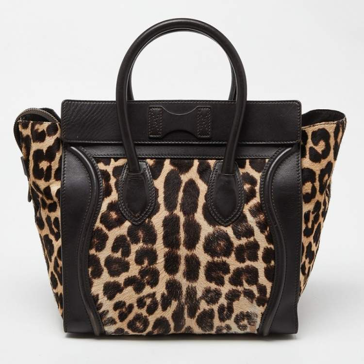 Pre Owned Celine Brown Leopard Print Calfhair and Leather Mini Luggage Tote