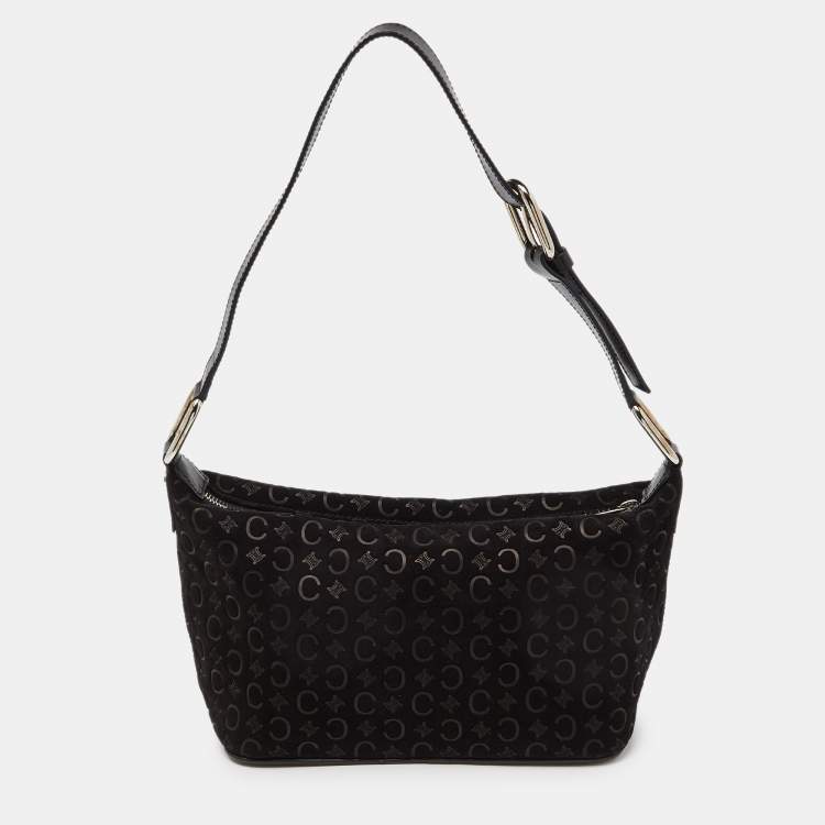 Pre Owned Celine Black Macadam Embossed Suede and Leather Baguette Bag