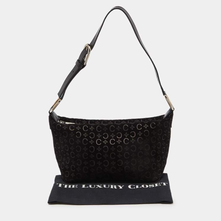 Pre Owned Celine Black Macadam Embossed Suede and Leather Baguette Bag