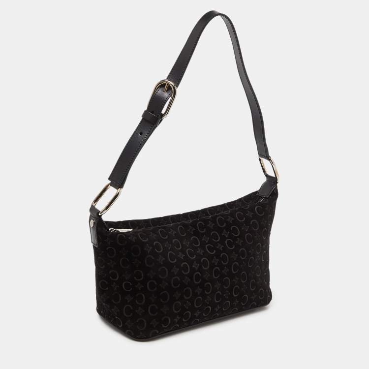 Pre Owned Celine Black Macadam Embossed Suede and Leather Baguette Bag