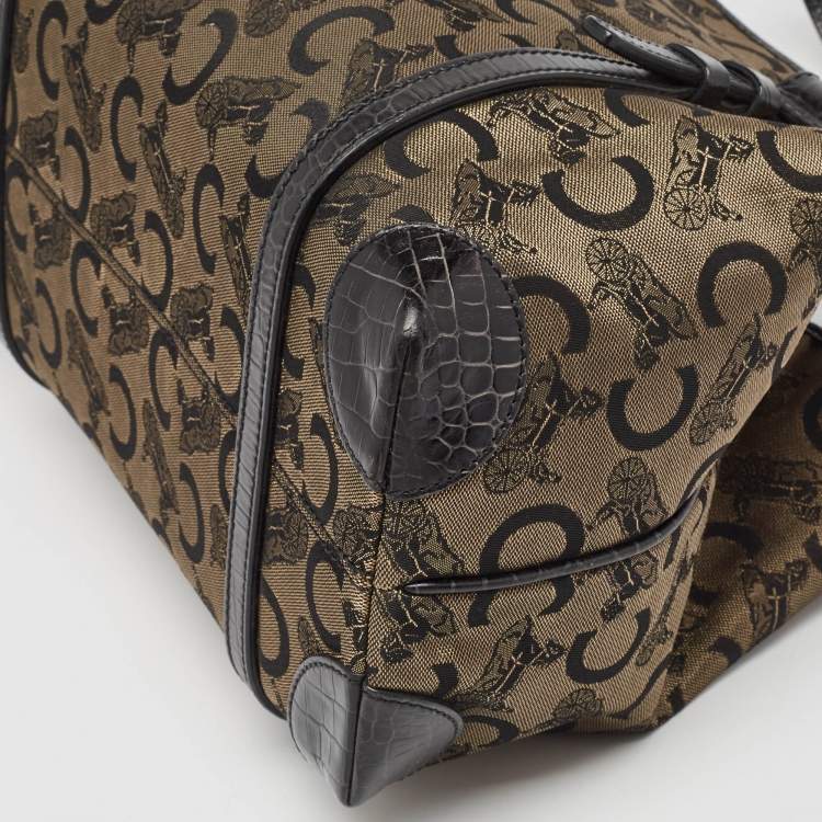 Pre Owned Celine Black/Brown Macadam Fabric and Croc Embossed Leather Tote