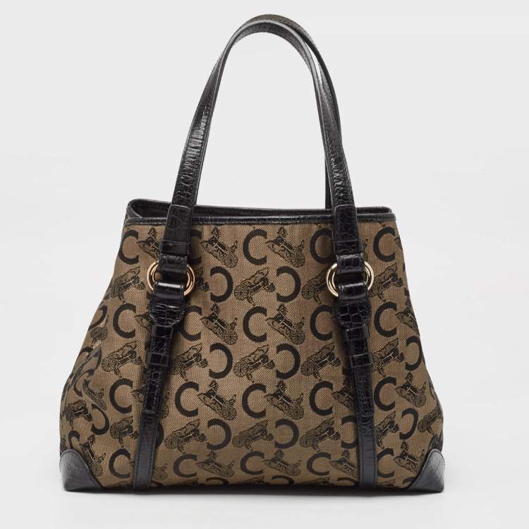 Pre Owned Celine Black/Brown Macadam Fabric and Croc Embossed Leather Tote