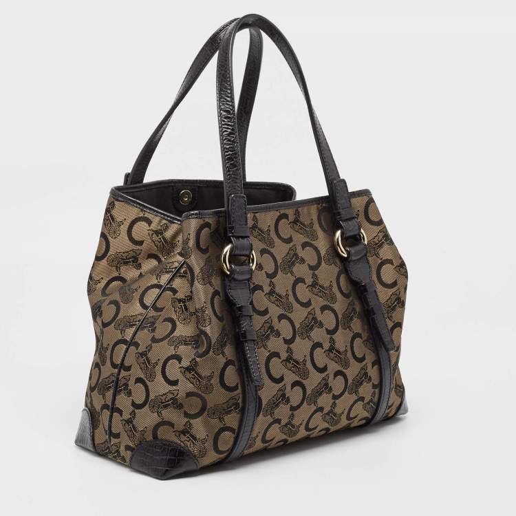 Pre Owned Celine Black/Brown Macadam Fabric and Croc Embossed Leather Tote