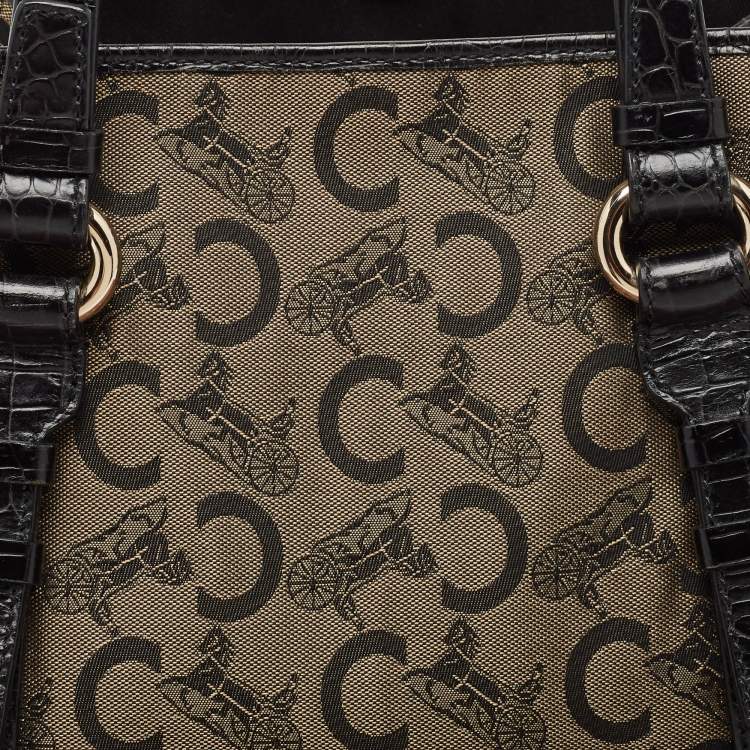 Pre Owned Celine Black/Brown Macadam Fabric and Croc Embossed Leather Tote