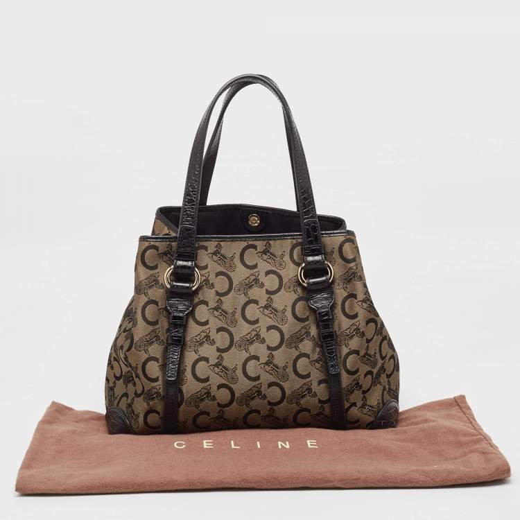 Pre Owned Celine Black/Brown Macadam Fabric and Croc Embossed Leather Tote