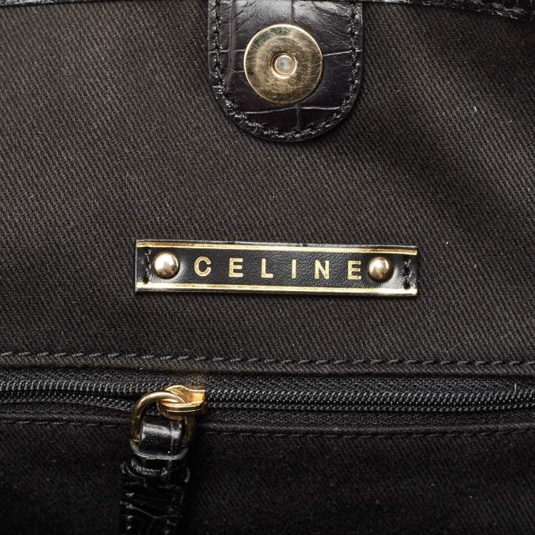 Pre Owned Celine Black/Brown Macadam Fabric and Croc Embossed Leather Tote