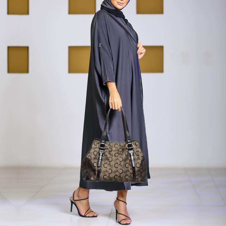 Pre Owned Celine Black/Brown Macadam Fabric and Croc Embossed Leather Tote