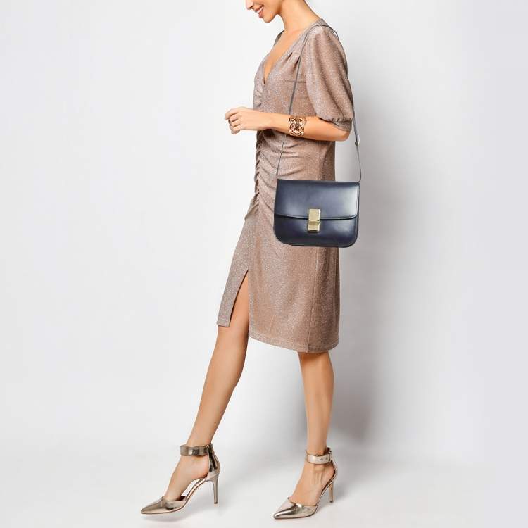 Pre Owned Celine Navy Blue Leather Medium Classic Box Shoulder Bag