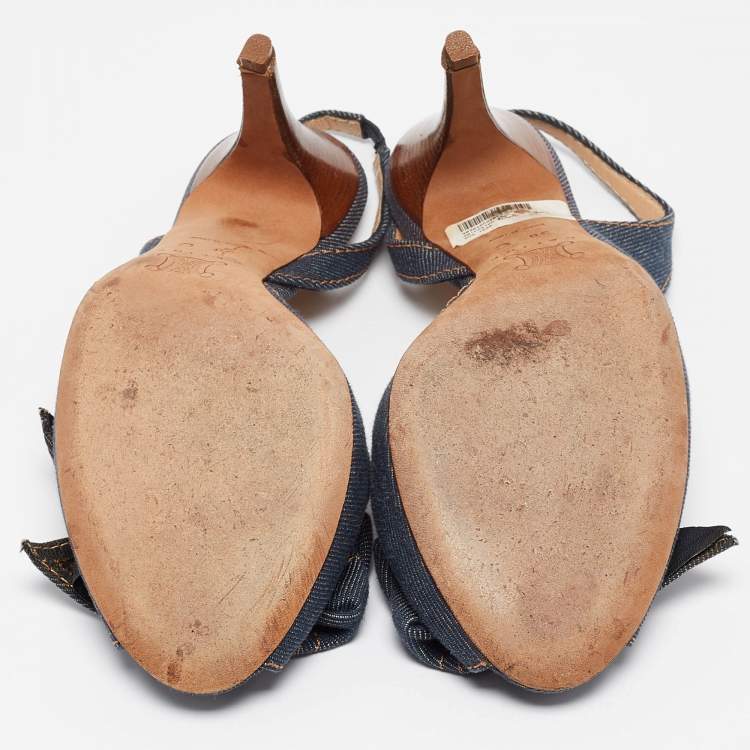 Pre Owned Celine Navy Blue Denim Bow D'orsay Slingback Sandals Size 38