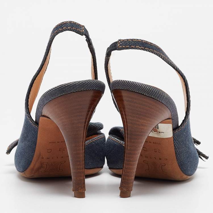 Pre Owned Celine Navy Blue Denim Bow D'orsay Slingback Sandals Size 38