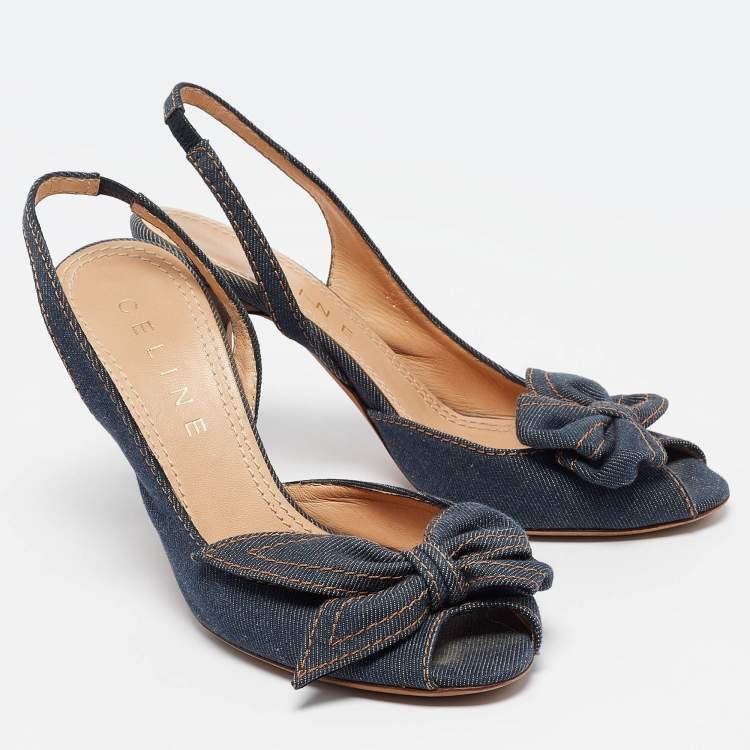 Pre Owned Celine Navy Blue Denim Bow D'orsay Slingback Sandals Size 38