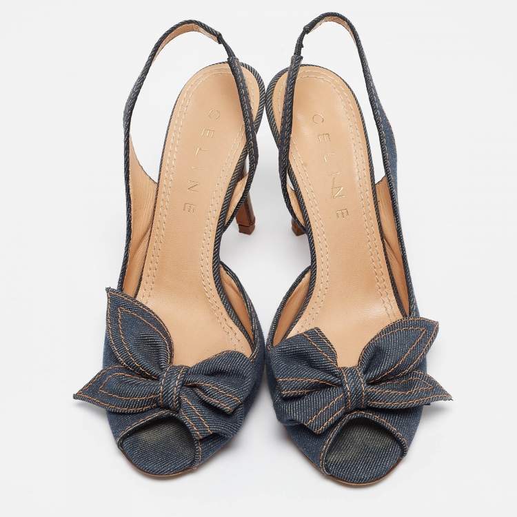 Pre Owned Celine Navy Blue Denim Bow D'orsay Slingback Sandals Size 38