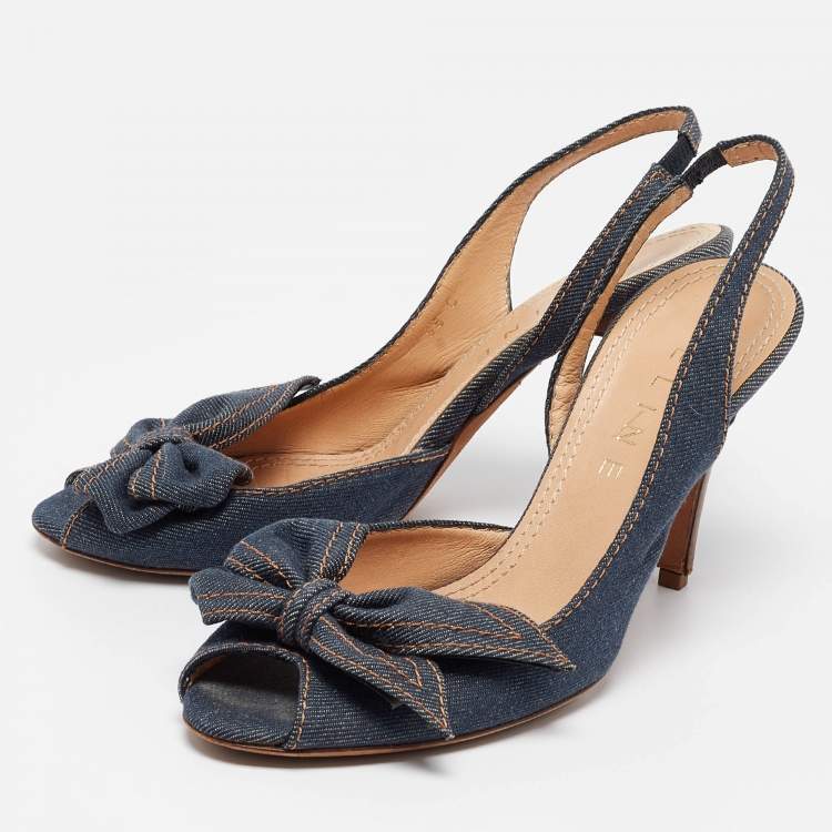 Pre Owned Celine Navy Blue Denim Bow D'orsay Slingback Sandals Size 38