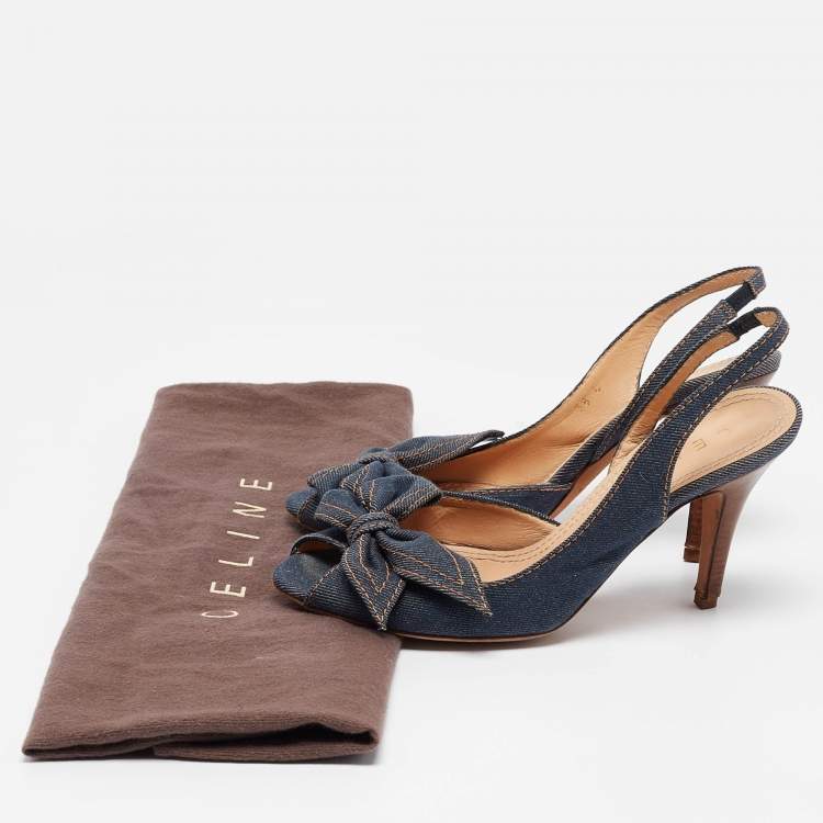 Pre Owned Celine Navy Blue Denim Bow D'orsay Slingback Sandals Size 38