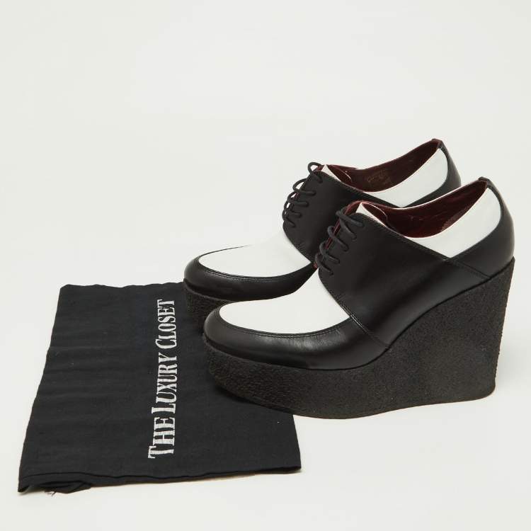 Pre Owned Celine Black/White Leather Wedge Platform Lace Up Derby Size 38.5