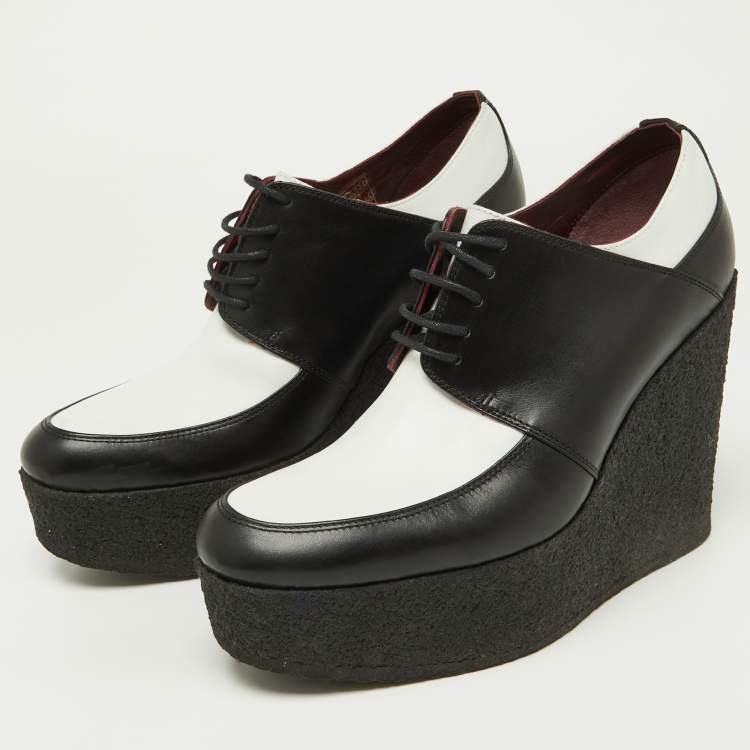 Pre Owned Celine Black/White Leather Wedge Platform Lace Up Derby Size 38.5