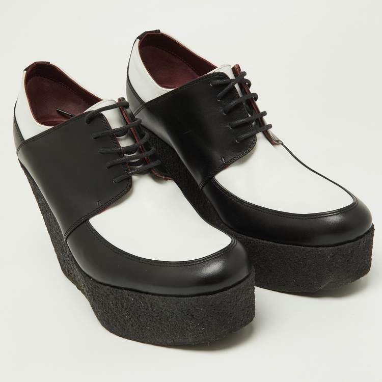 Pre Owned Celine Black/White Leather Wedge Platform Lace Up Derby Size 38.5