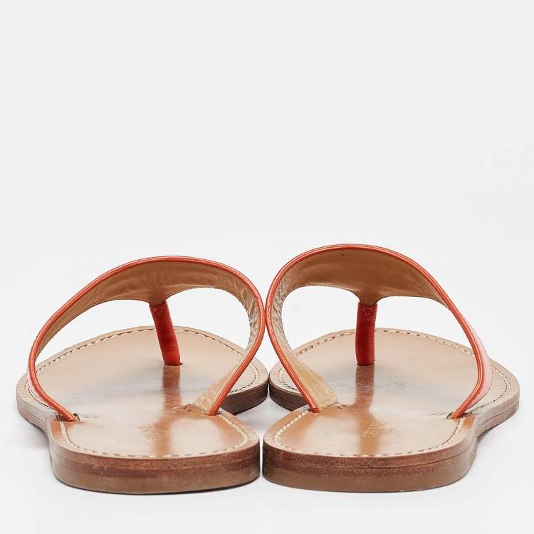 Pre Owned Celine Orange Leather Triomphe Thong Flats Size 37.5