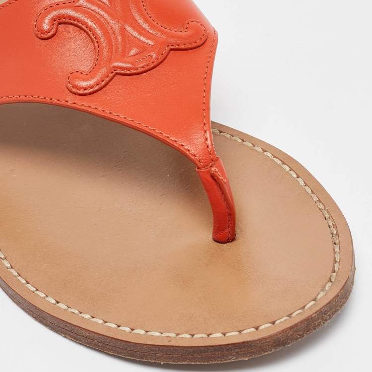 Pre Owned Celine Orange Leather Triomphe Thong Flats Size 37.5