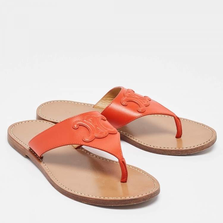 Pre Owned Celine Orange Leather Triomphe Thong Flats Size 37.5