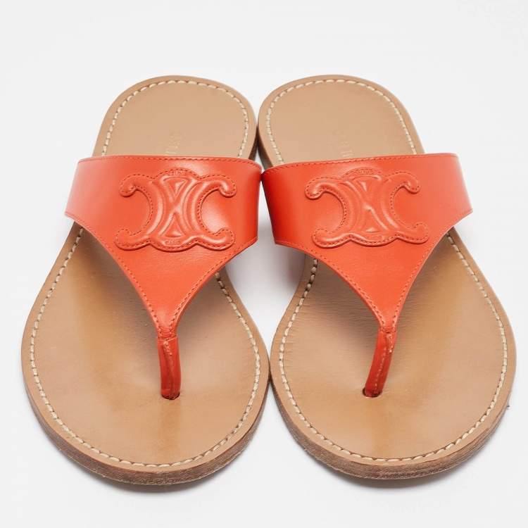 Pre Owned Celine Orange Leather Triomphe Thong Flats Size 37.5