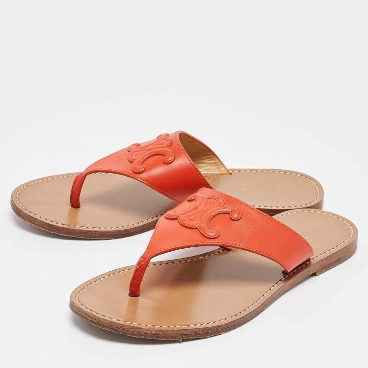 Pre Owned Celine Orange Leather Triomphe Thong Flats Size 37.5