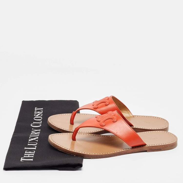 Pre Owned Celine Orange Leather Triomphe Thong Flats Size 37.5