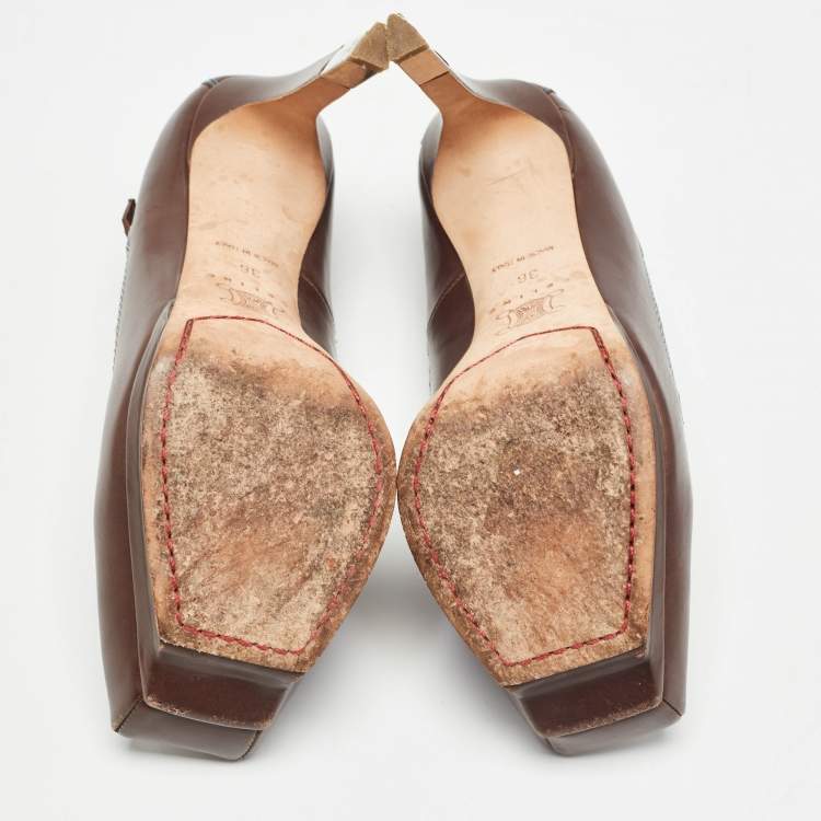 Pre Owned Celine Brown Leather Platform Ankle Strap Sandals Size 36