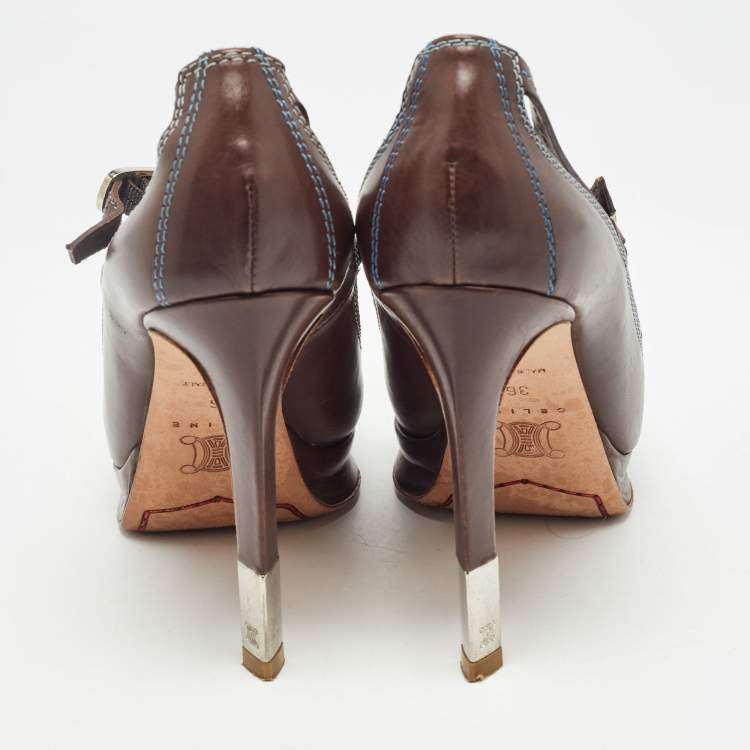 Pre Owned Celine Brown Leather Platform Ankle Strap Sandals Size 36