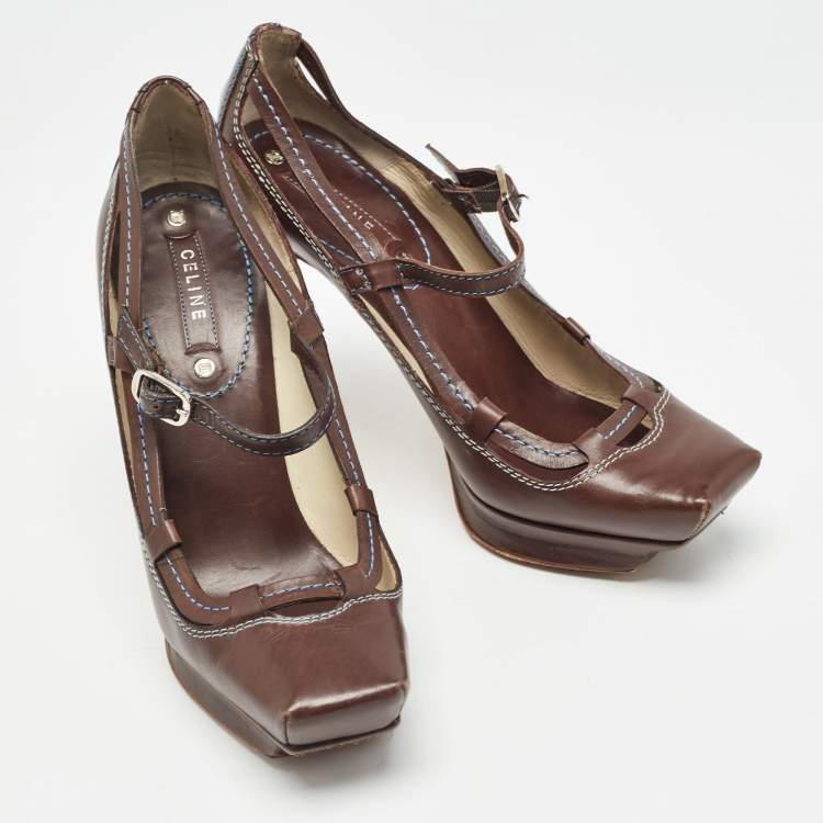 Pre Owned Celine Brown Leather Platform Ankle Strap Sandals Size 36