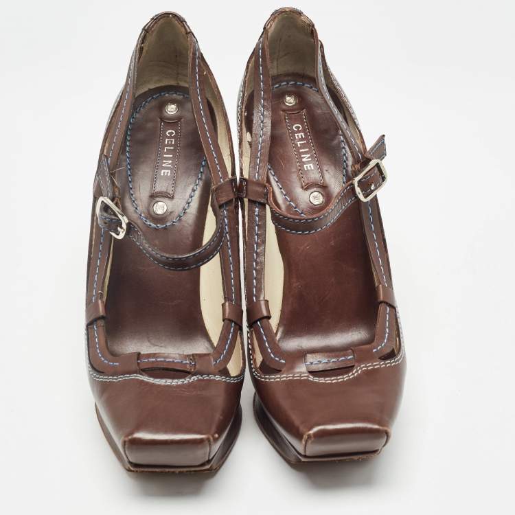 Pre Owned Celine Brown Leather Platform Ankle Strap Sandals Size 36