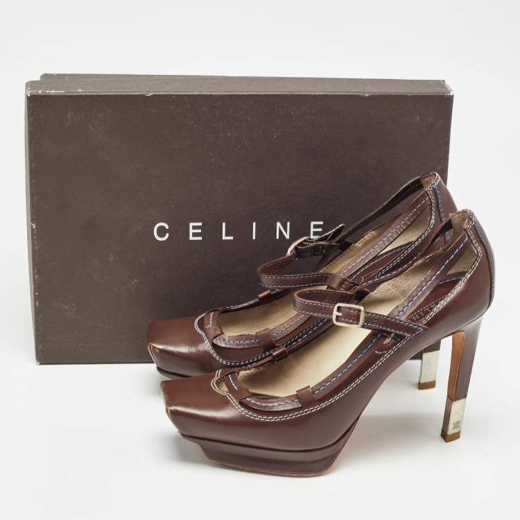 Pre Owned Celine Brown Leather Platform Ankle Strap Sandals Size 36