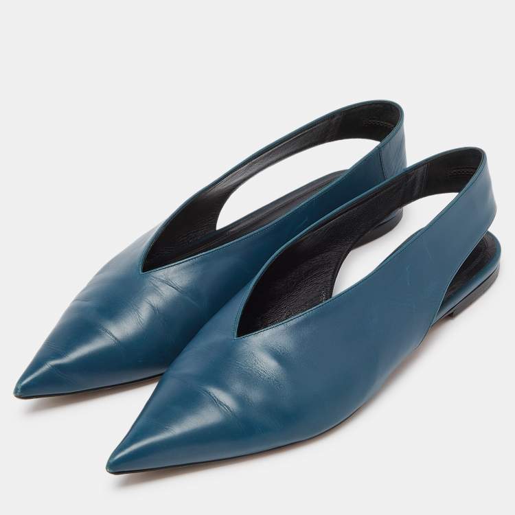 Pre Owned Celine Blue Leather Pointed Toe Slingback Flat Sandals Size 41