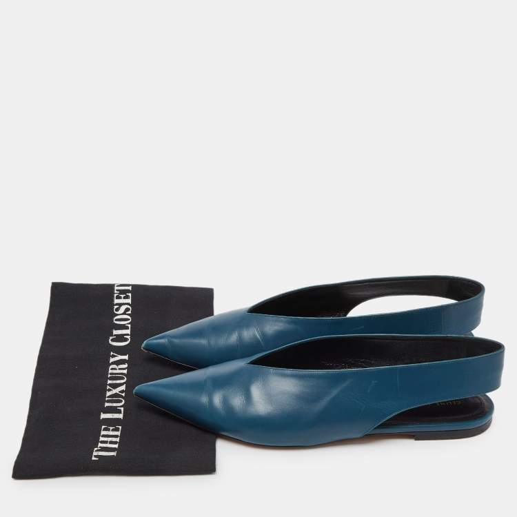 Pre Owned Celine Blue Leather Pointed Toe Slingback Flat Sandals Size 41