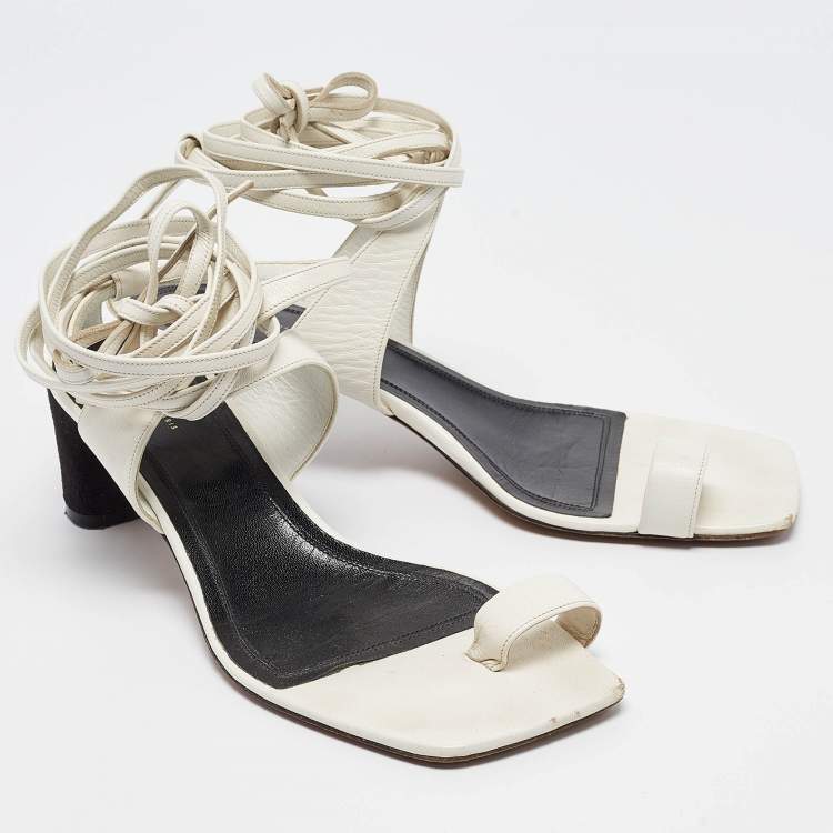 Pre Owned Celine White Leather Toe Ring Ankle Wrap Sandals Size 37.5