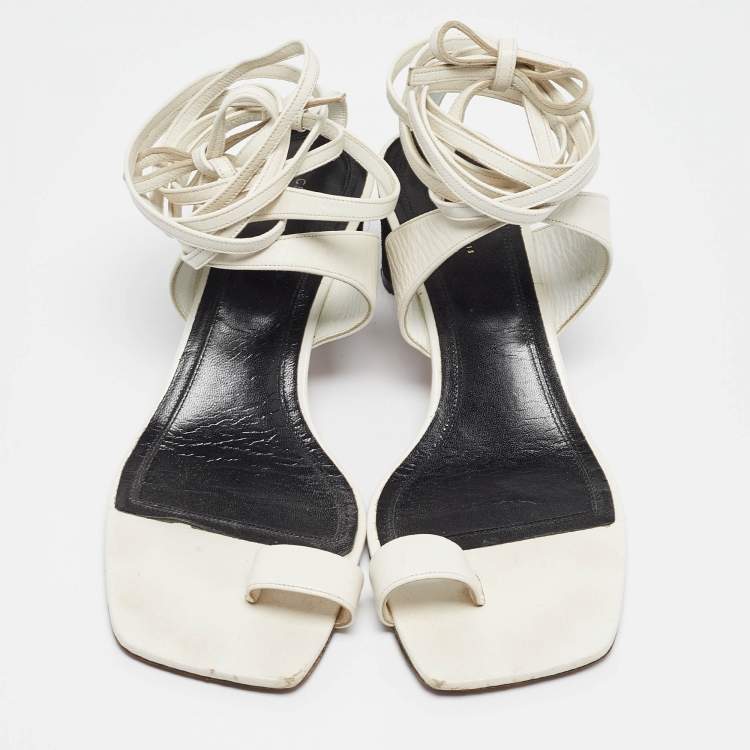 Pre Owned Celine White Leather Toe Ring Ankle Wrap Sandals Size 37.5