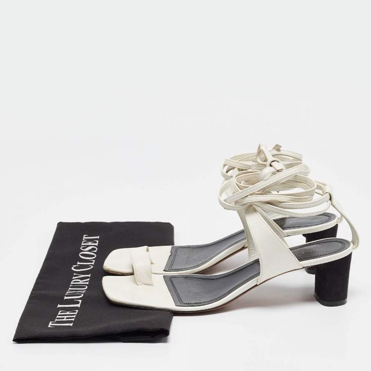 Pre Owned Celine White Leather Toe Ring Ankle Wrap Sandals Size 37.5