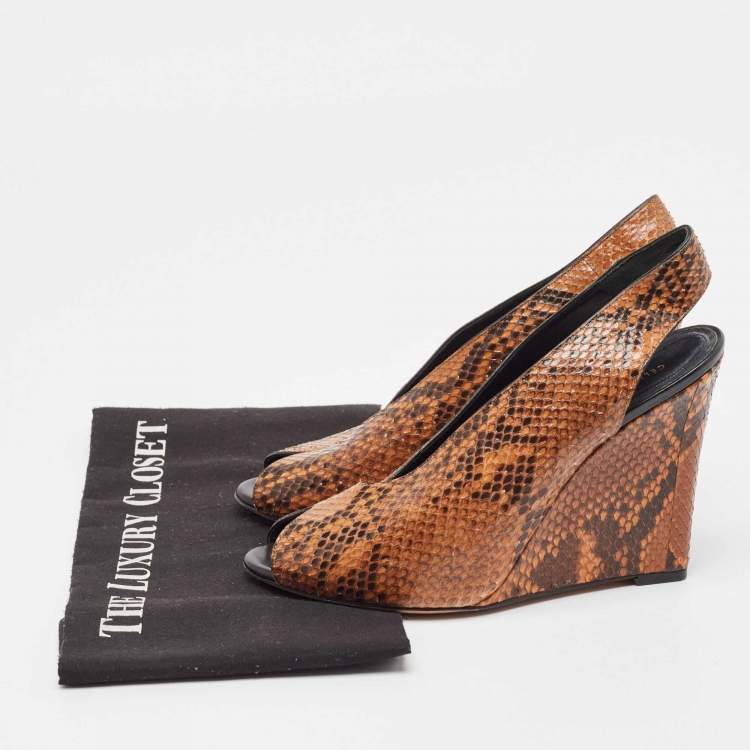 Pre Owned Celine Brown/Black Python Peep Toe Slingback Wedge Sandals Size 39