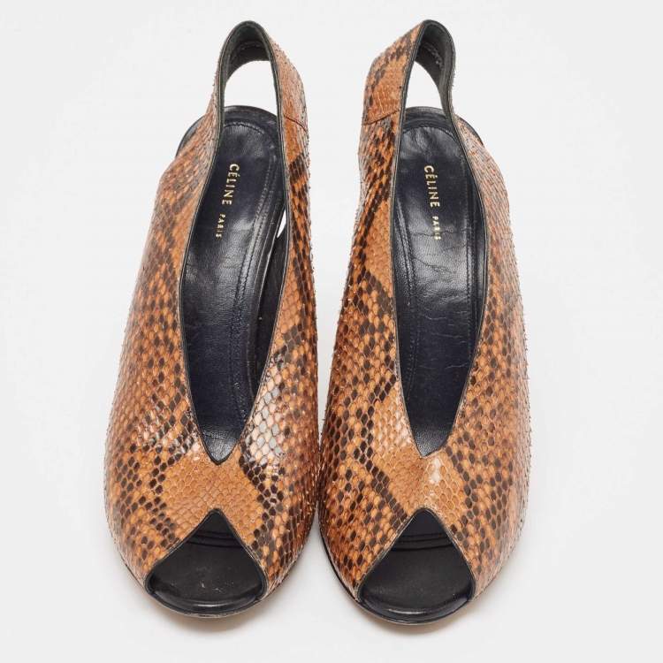 Pre Owned Celine Brown/Black Python Peep Toe Slingback Wedge Sandals Size 39