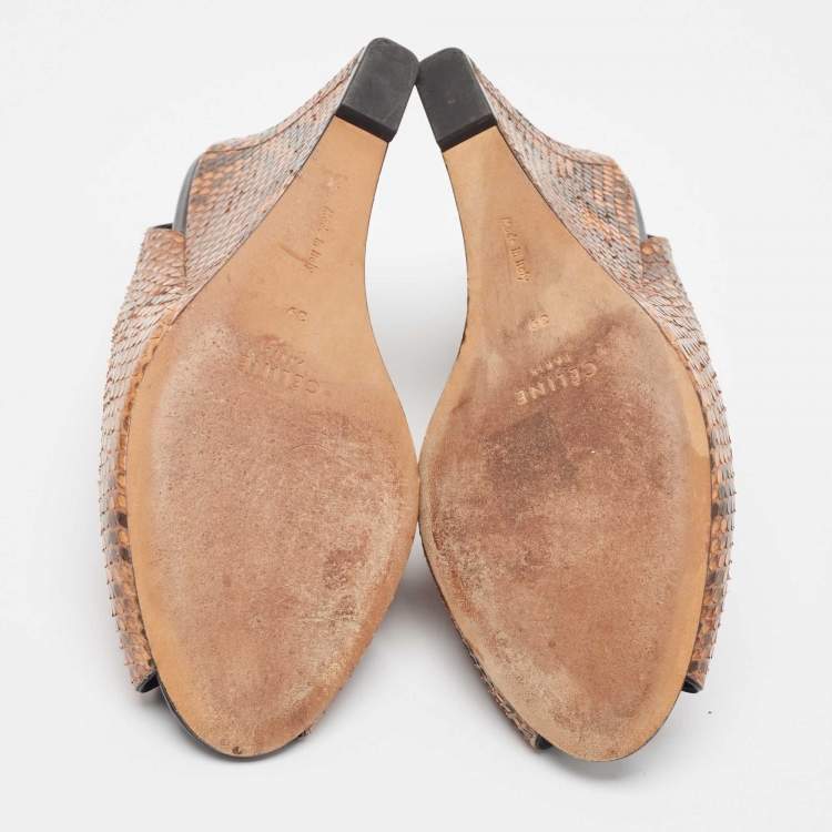 Pre Owned Celine Brown/Black Python Peep Toe Slingback Wedge Sandals Size 39