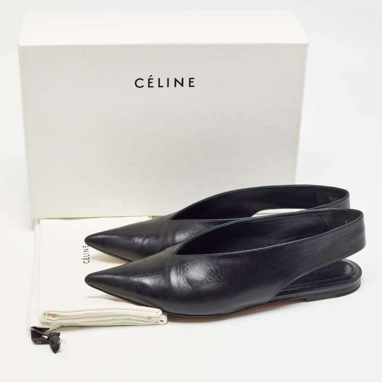 مملوكة مسبقًا Celine Black Leather V Neck Pointed Toe Slingback Mules Size 38