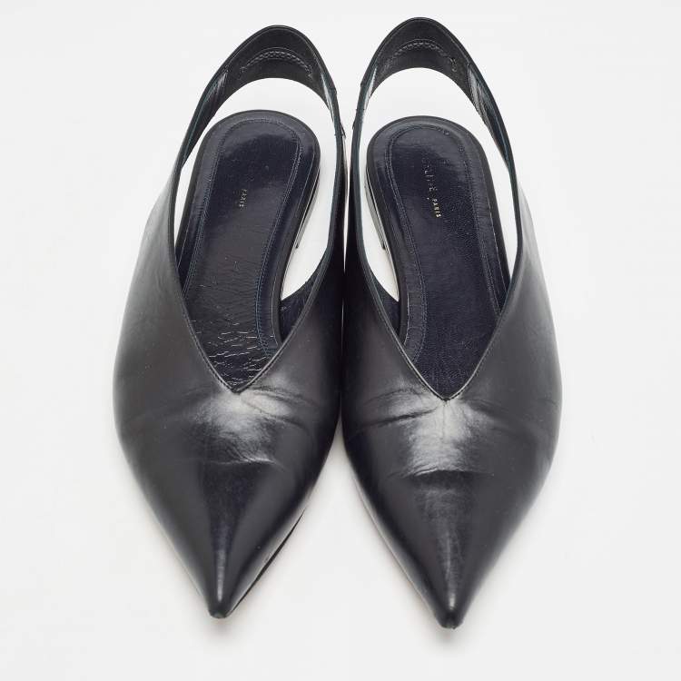 مملوكة مسبقًا Celine Black Leather V Neck Pointed Toe Slingback Mules Size 38