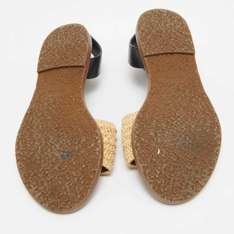 مملوكة مسبقًا Celine Beige/Black Leather and Raffia Ankle Strap Flat Sandals Size 39