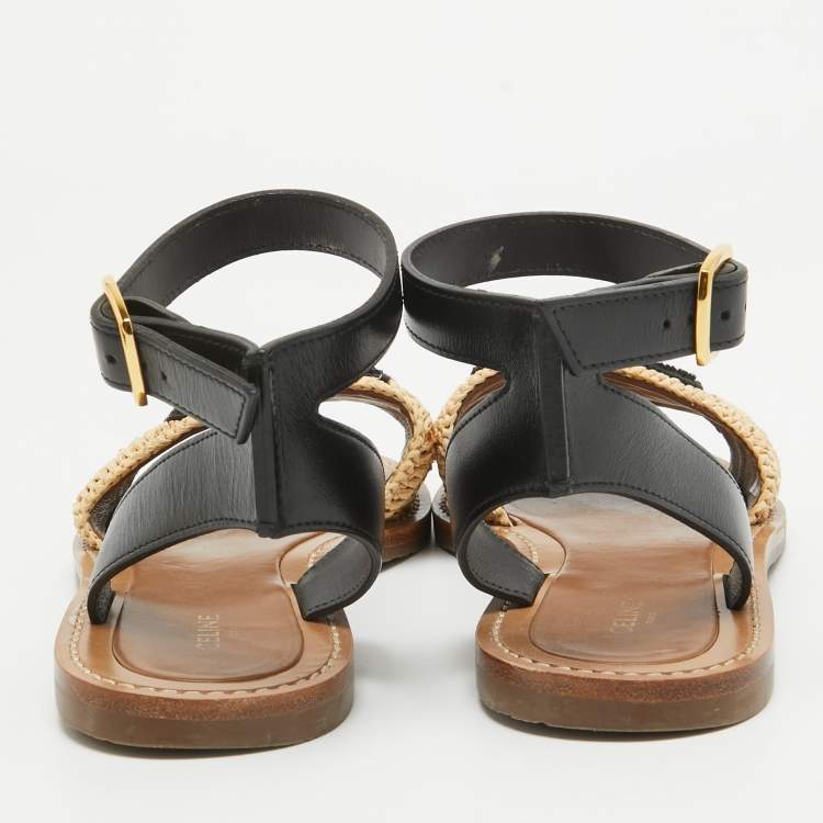 مملوكة مسبقًا Celine Beige/Black Leather and Raffia Ankle Strap Flat Sandals Size 39