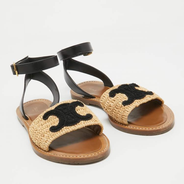 مملوكة مسبقًا Celine Beige/Black Leather and Raffia Ankle Strap Flat Sandals Size 39