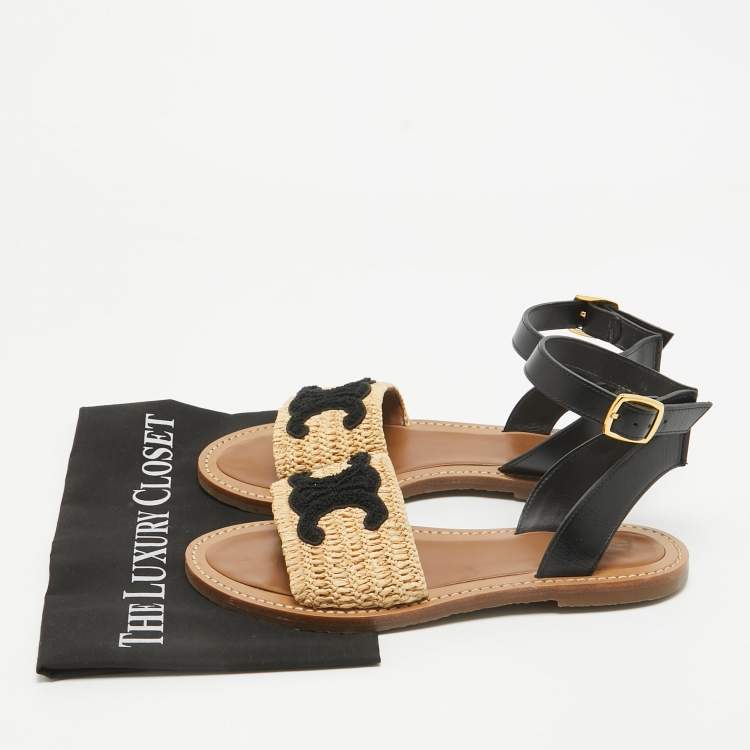 مملوكة مسبقًا Celine Beige/Black Leather and Raffia Ankle Strap Flat Sandals Size 39
