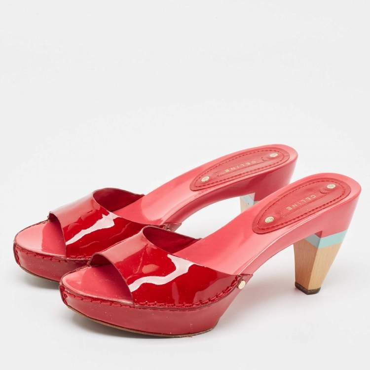 Pre Owned Celine Red Patent Leather Platform Slide Sandals Size 39
