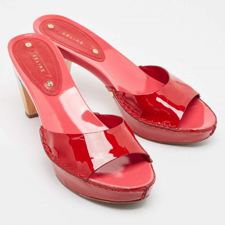 Pre Owned Celine Red Patent Leather Platform Slide Sandals Size 39