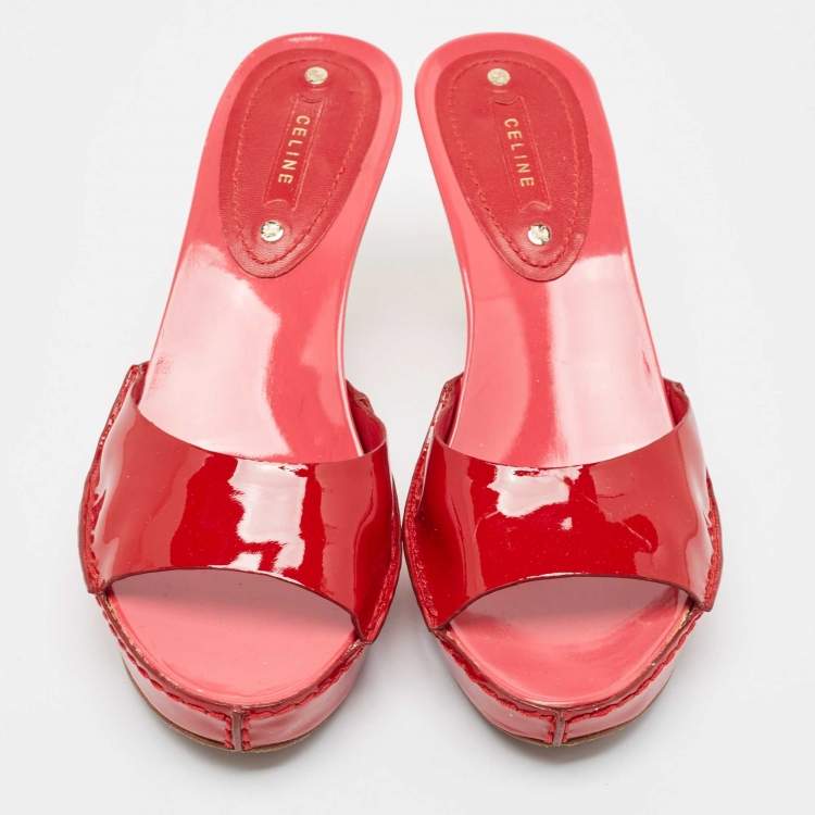 Pre Owned Celine Red Patent Leather Platform Slide Sandals Size 39